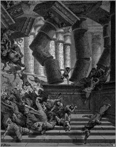 Samson destroying the Philistine temple in an image by Gustave Doré (1866)